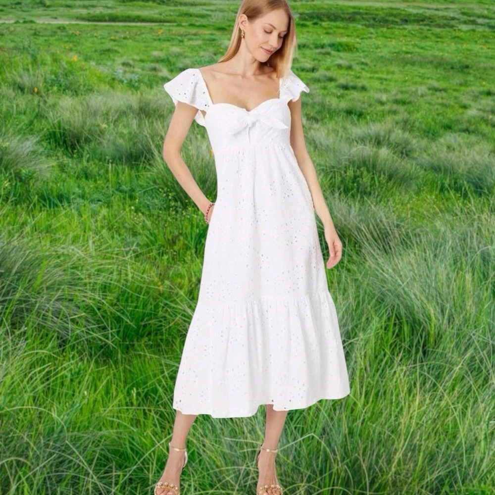 Lilly Pulitzer Lantana Midi Dress WomenS Size 6 White Eyelet Flutter Sleeve $268